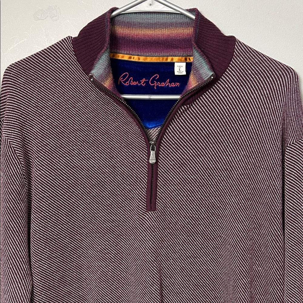 Robert Graham Men's Burgundy and White 1/4 Zip-Up Sweater